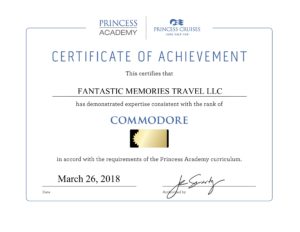 Princess Cruises Commodore Certificate of Achievement