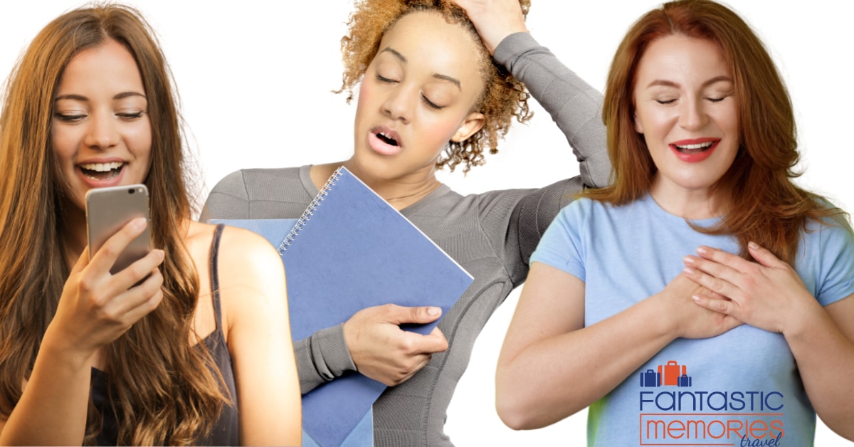 RangeOfEmotions Image of three women. One looks at her phone excitedly, the next looks exasperated, the third is obviously relieved.